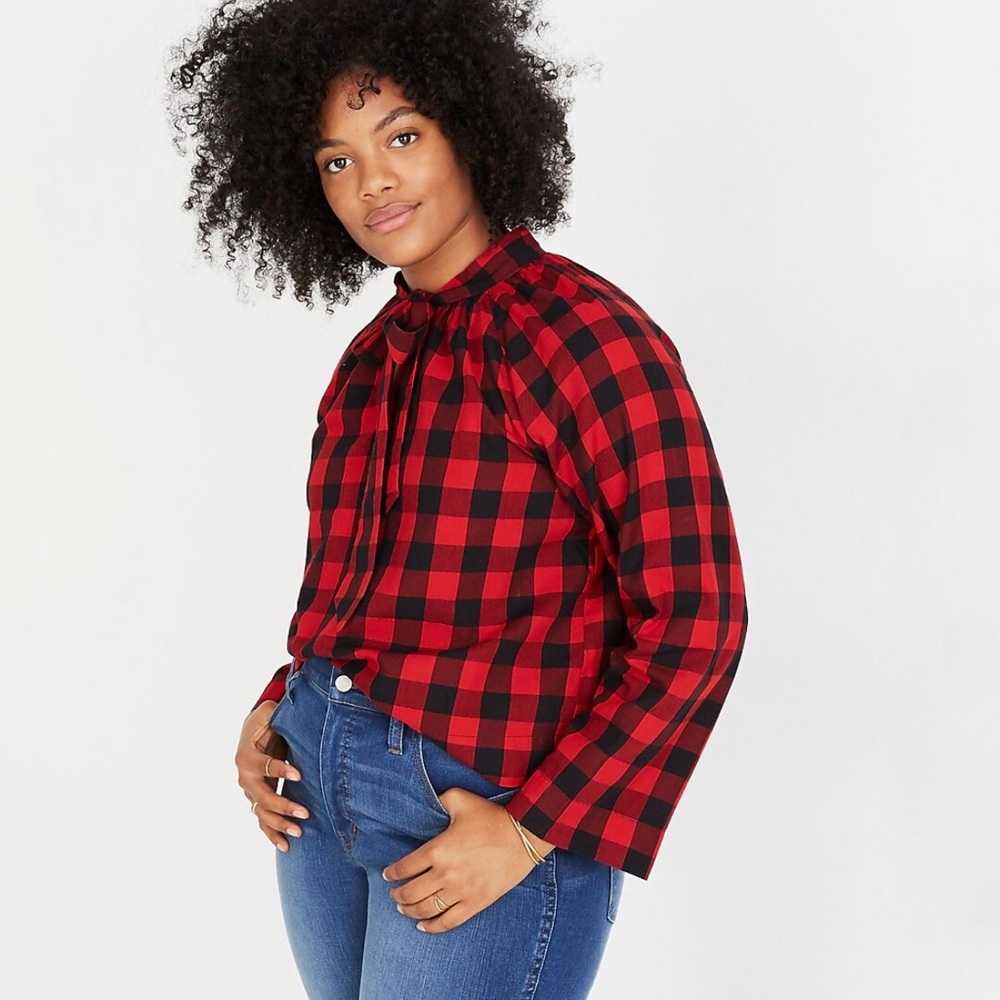 Madewell Tie-Neck Popover Shirt in Red Buffalo Check size extra extra small